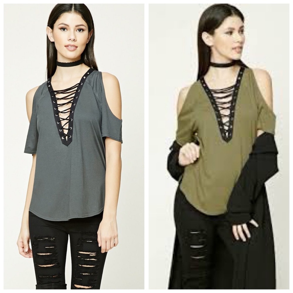 Olive Green Lace-Up V-Neck Cold Shoulder Top
